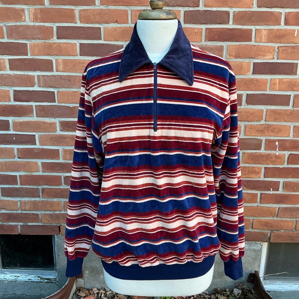Vintage Striped Zippered Velour Shirt - Men's Large - Laurentien Canada